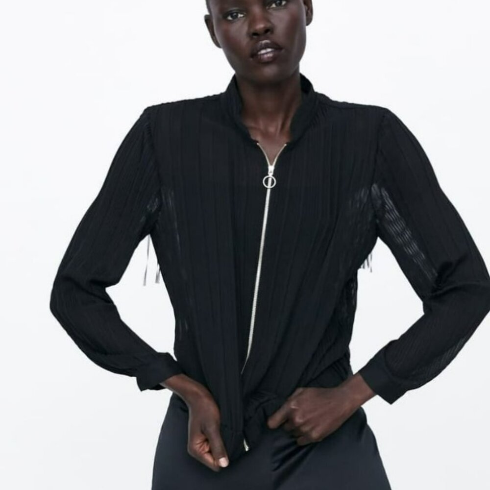 Zara Black Sheer Translucent Long Sleeve Full Zip Bomber Jacket Blouse Size S